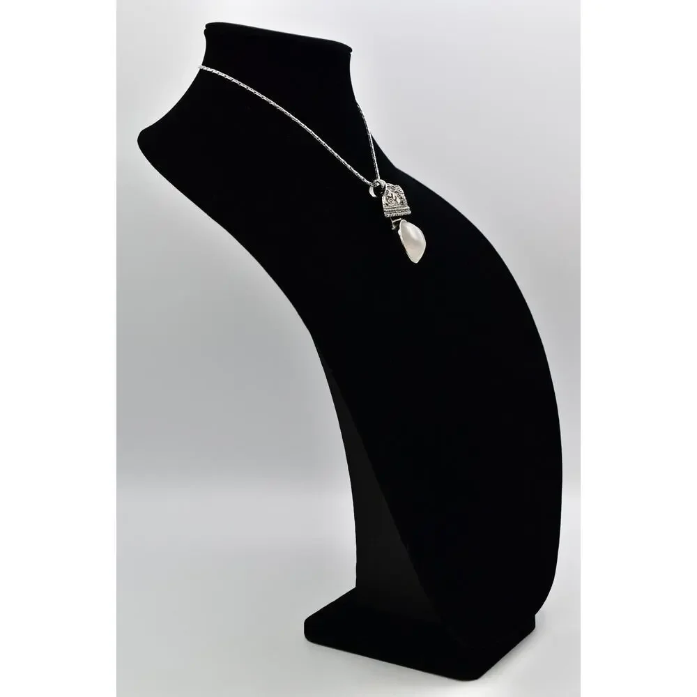 Rebecca Collins Pendant Necklace Frosted Cabochon Silver Tone Chain Signed BinBE